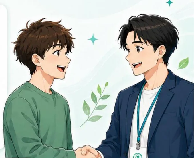 リユセルのスタッフと握手を交わす利用者のイラスト