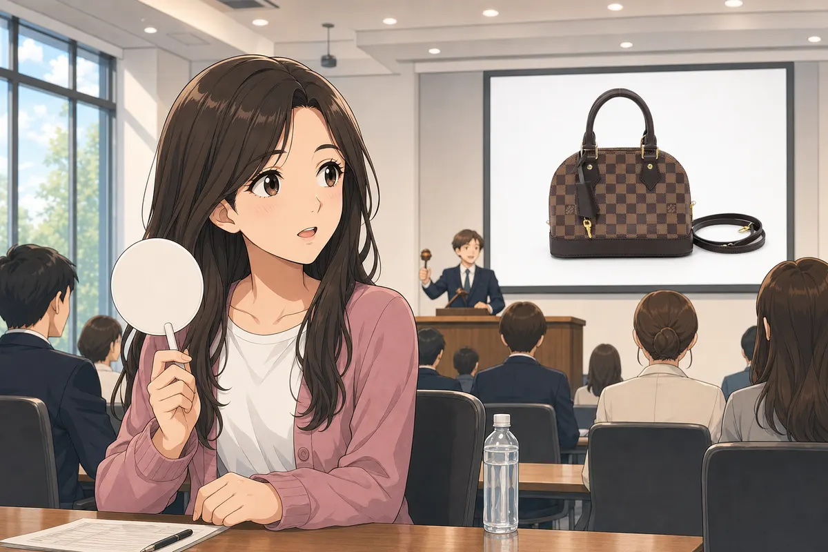 イラスト：オークション会場の席でパドルを持ち、ブランドバッグの出品を見る女性