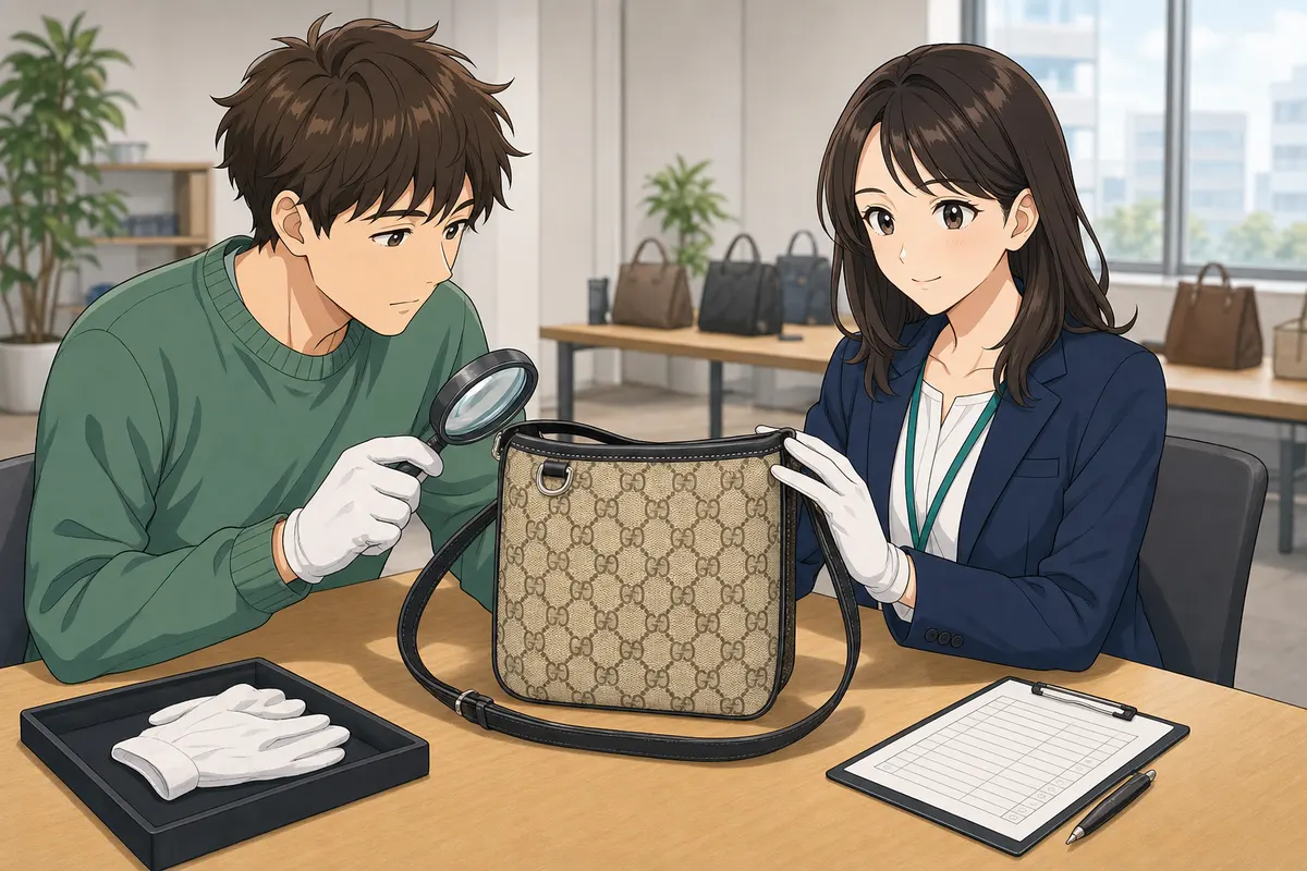 イラスト：下見会の長机でスタッフと参加者がブランドバッグを手袋とルーペで確認する様子