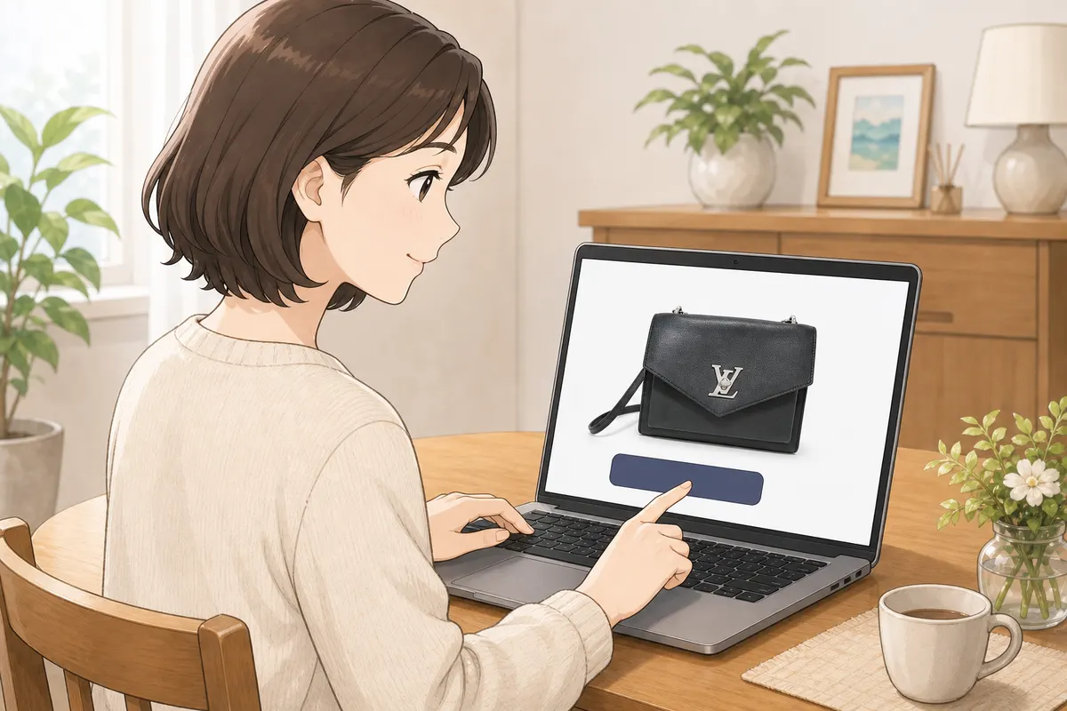 イラスト：自宅のダイニングでノートパソコンからオンラインのオークションに入札する女性