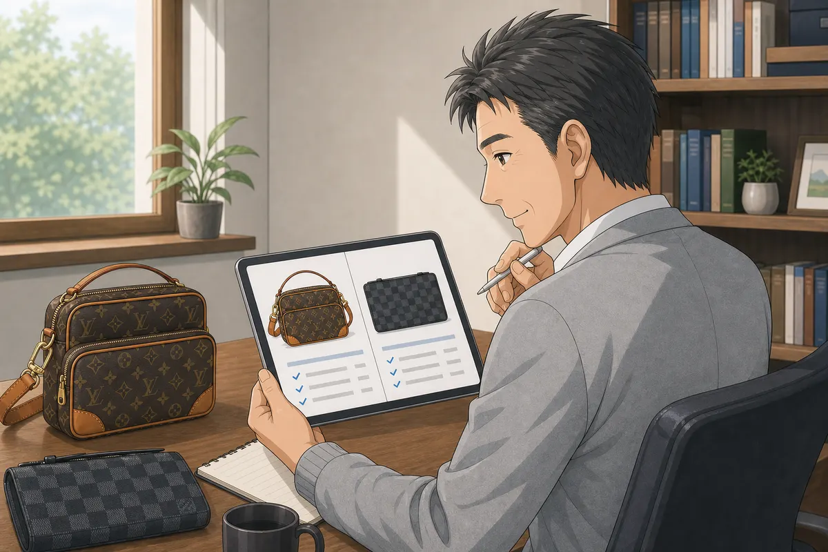 イラスト：タブレットでバッグと財布を並べて比較検討しながらメモを取る男性