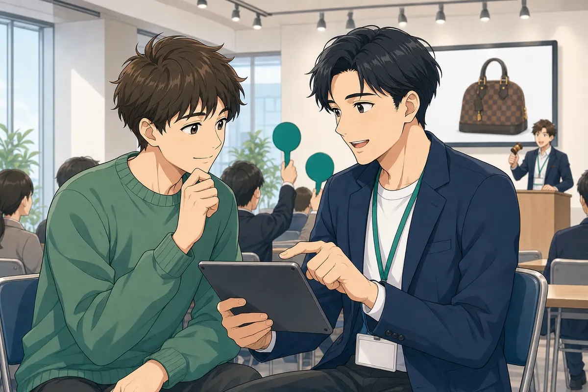 イラスト：オークション会場でスタッフがタブレットを見せながら入札上限を相談している様子