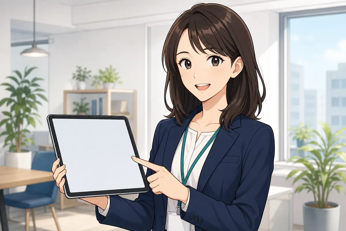 イラスト:タブレットを持って説明する紺色ジャケットの女性スタッフ