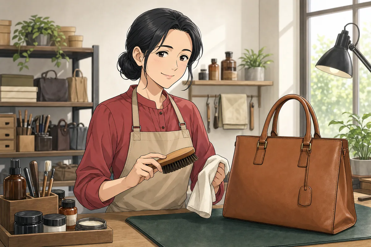 イラスト:無地のバッグの横で布とブラシを持つ女性