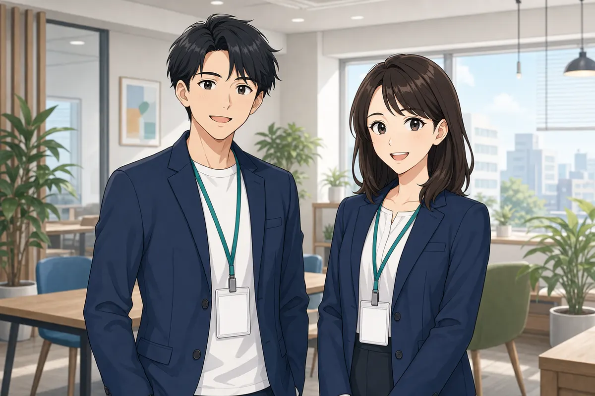 イラスト:紺色ジャケットの男女スタッフが並んで立つ運営チーム