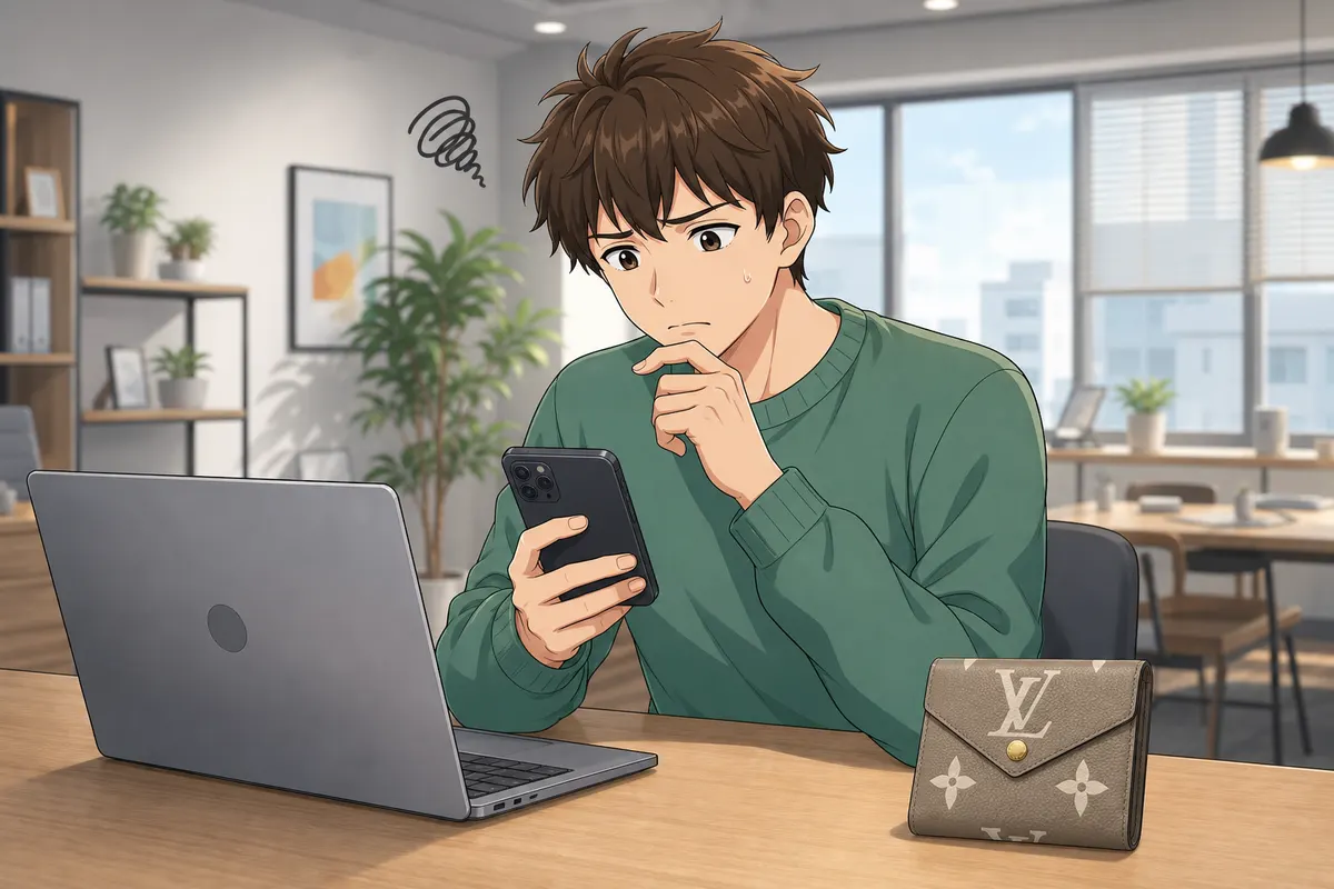 イラスト:パソコンとスマホで相場を見比べて悩む男性