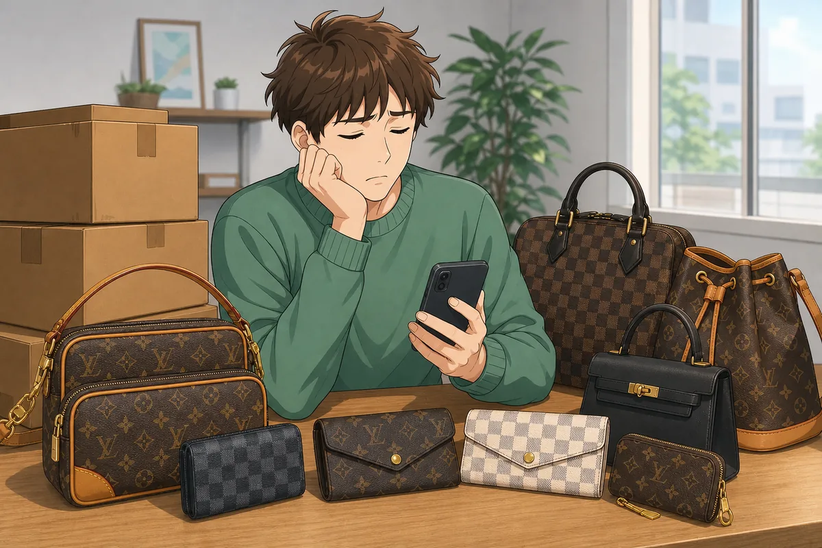 イラスト:売れ残った在庫の箱に囲まれ、通知の来ないスマホを見てため息をつく男性