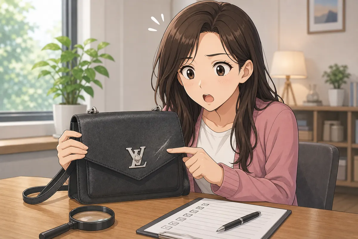 イラスト：届いたブランドバッグを確認して目立つ傷に気づき驚く女性