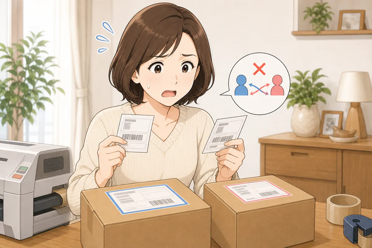 イラスト:発送時の取り違えや梱包ミスを確認する様子