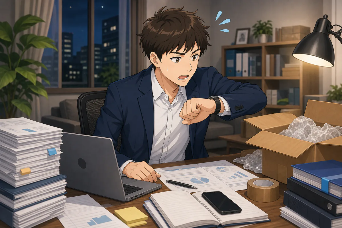 イラスト：複数の管理作業が重なり確認に追われる販売者