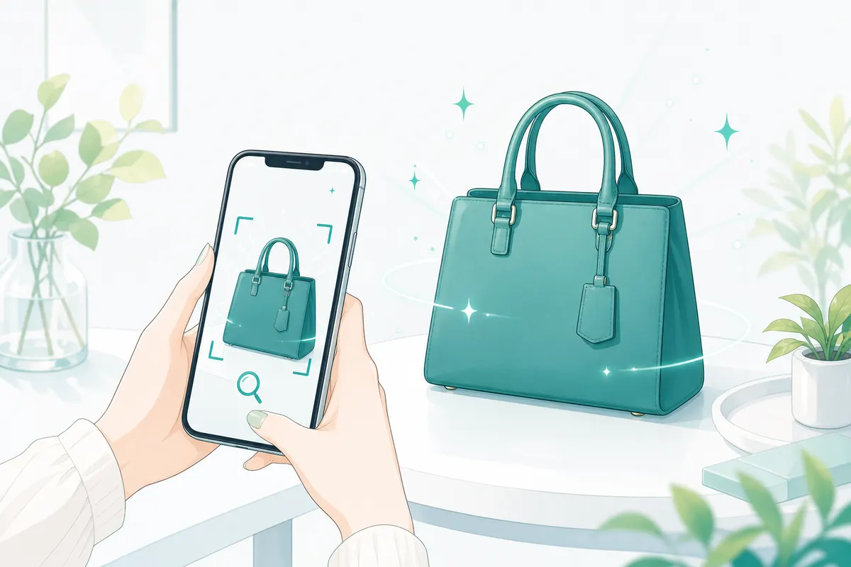 バッグの情報をスマートフォンで確認するイラスト