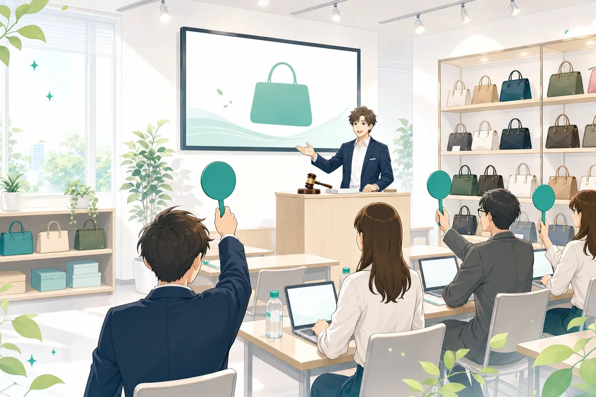 イラスト：業者向けブランドオークション会場で参加者がパドルを掲げている様子