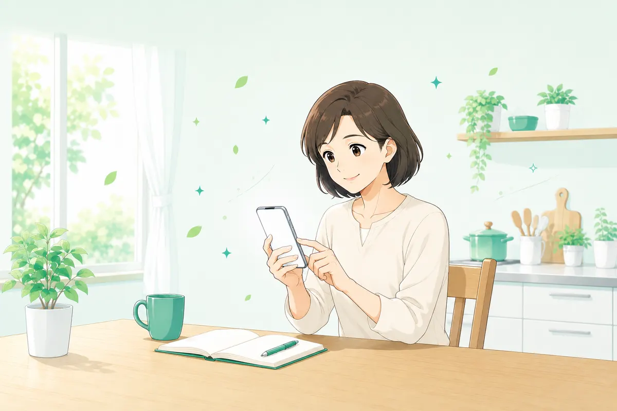 イラスト:自宅でスマートフォンを使いブランド物販を準備する女性