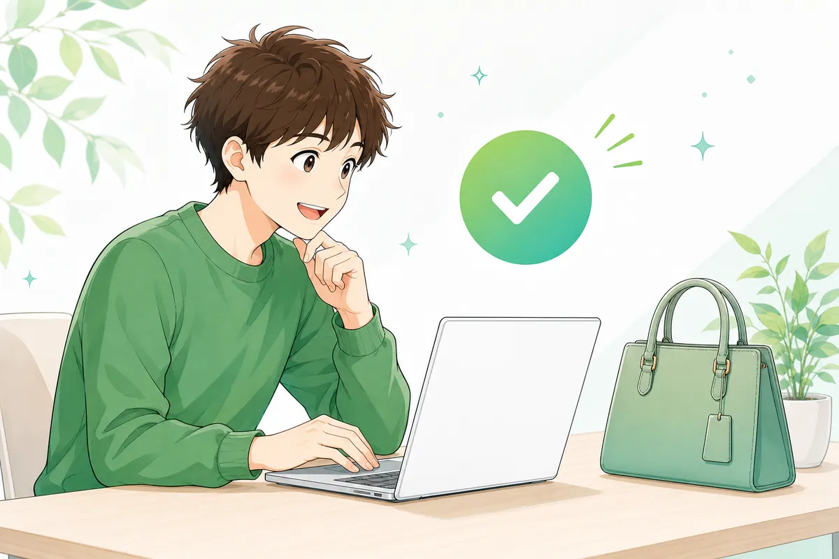 イラスト:中古ブランド品の出品作業をする人