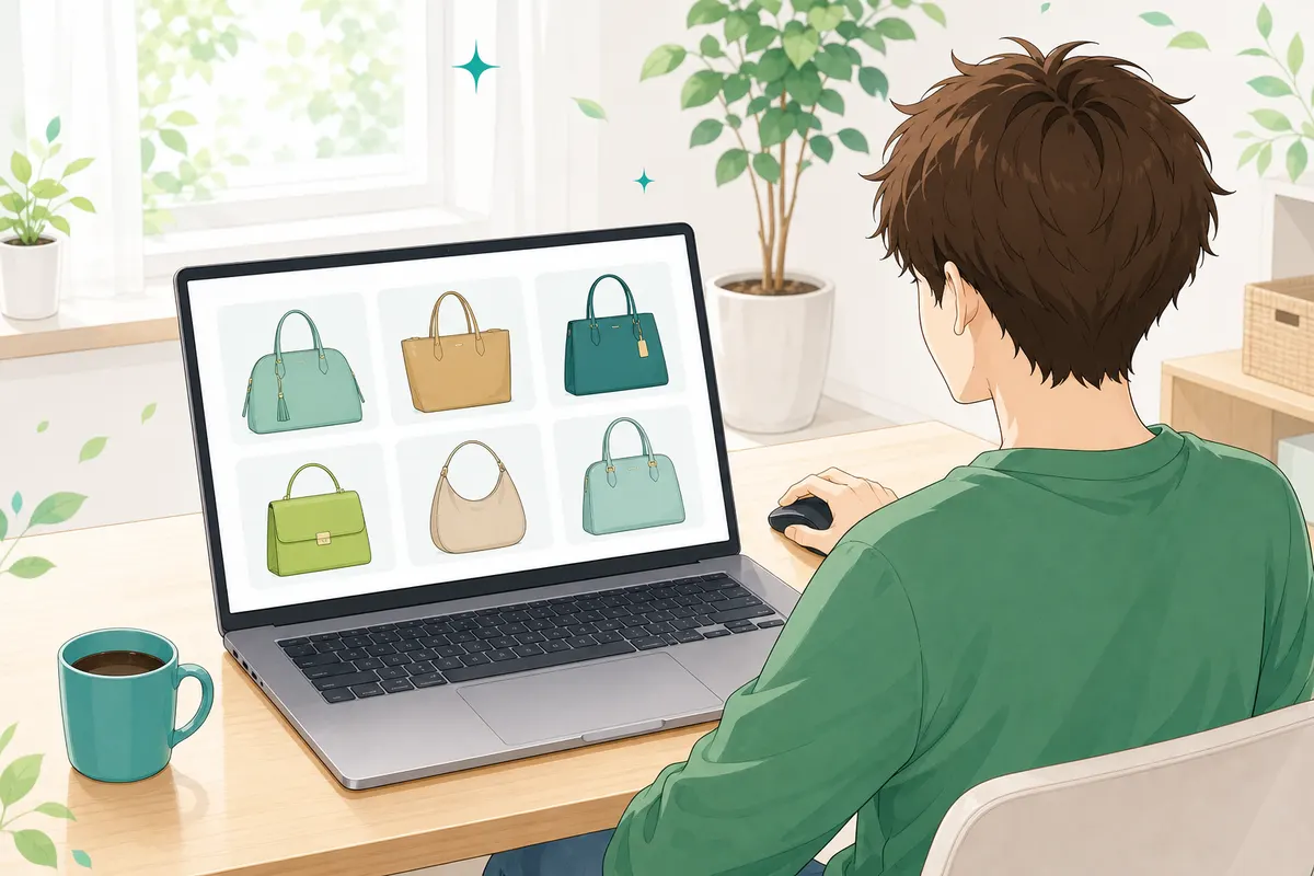 イラスト：自宅のパソコンからオンラインのブランドオークションに参加する男性