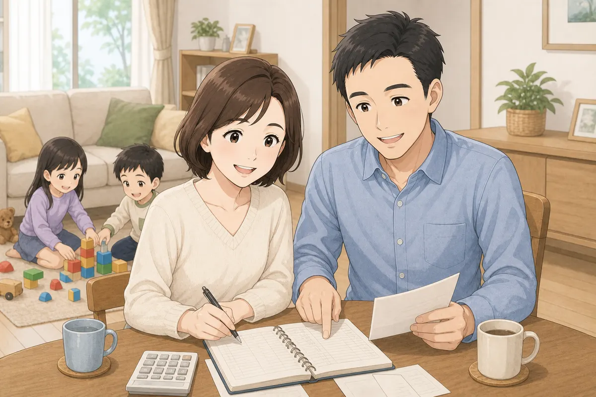 イラスト：夫婦がテーブルで家計ノートと電卓を見ながら費用を相談している様子