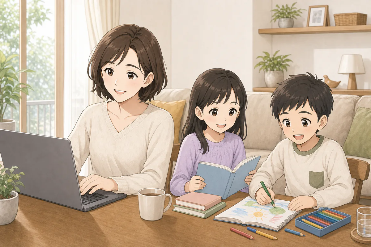 イラスト:家庭の生活空間と分けて在宅作業をする様子