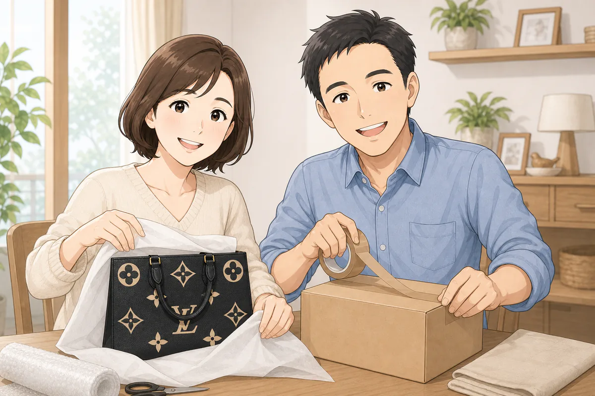 イラスト:家族と発送作業の場所や時間を確認する場面