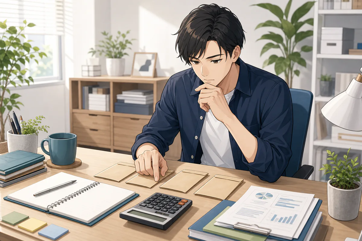 イラスト:販売見込額と複数の費用を分けて資金計画を確認する場面