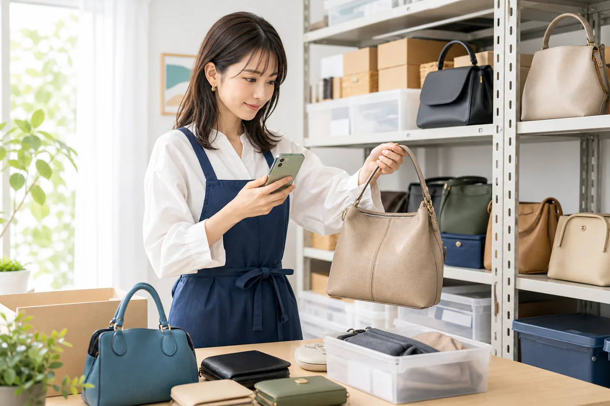 イラスト:在宅拠点の棚で商品を管理番号ごとに保管する様子