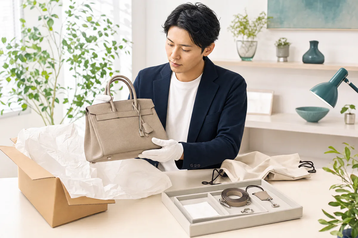 イラスト:発送前にブランド品の状態を照合する様子
