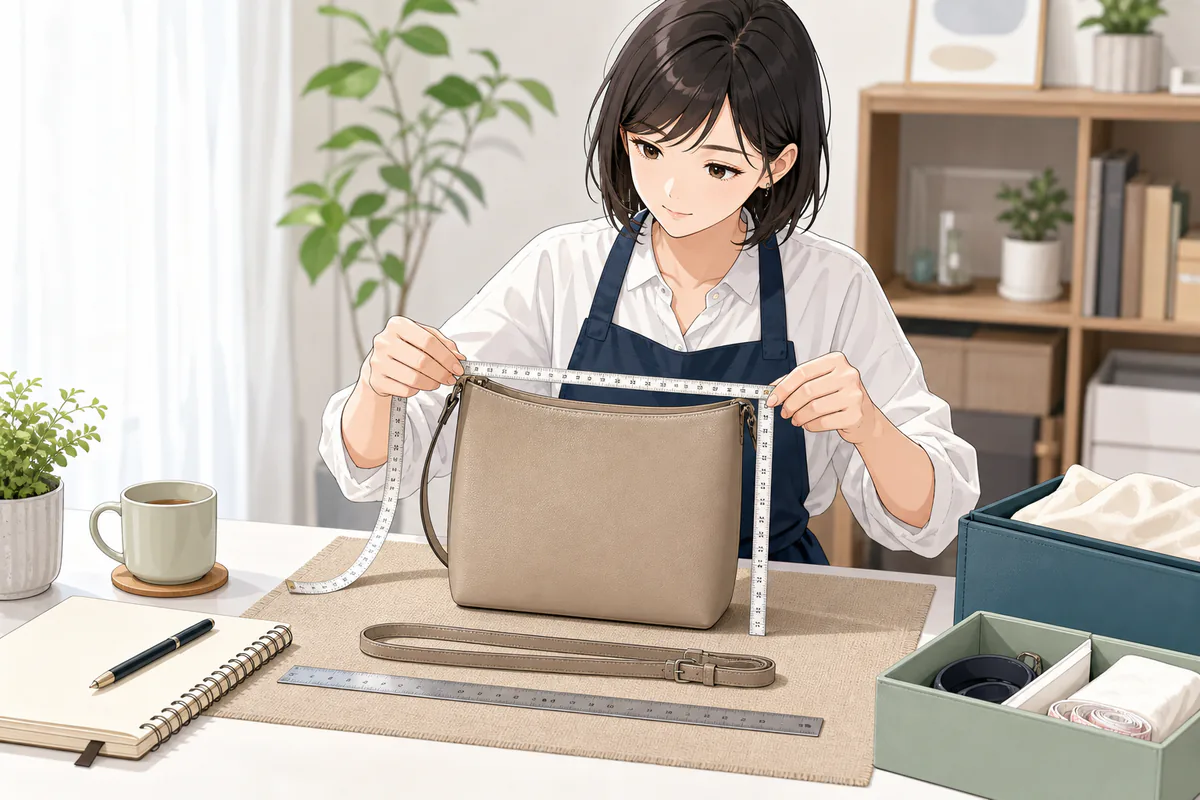イラスト：採寸と商品情報を一品の記録へまとめる場面