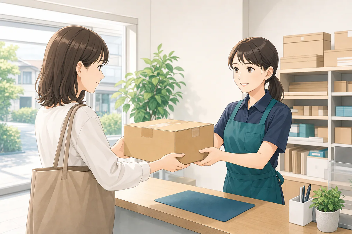 イラスト:梱包した荷物を発送窓口へ渡す様子