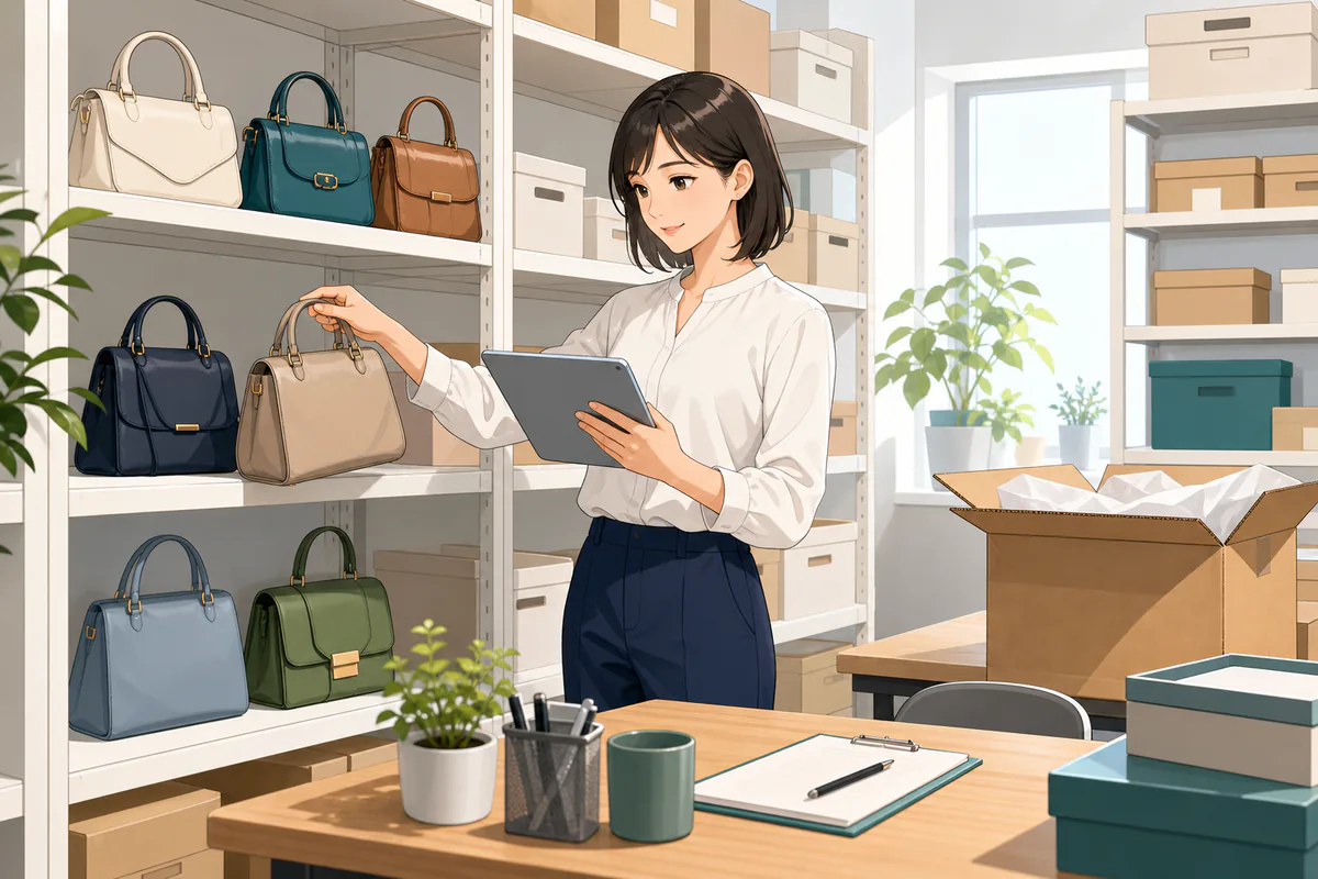 イラスト:保管棚のバッグとタブレットの記録を照合する女性