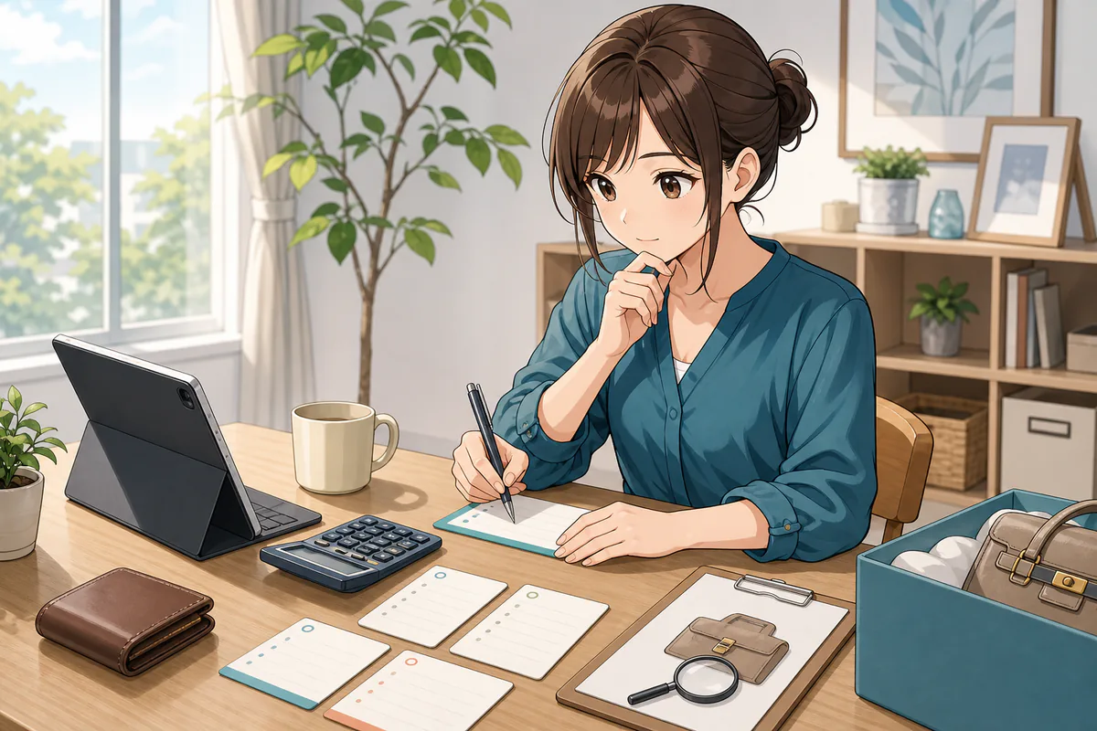 イラスト：初めての業者オークションへ参加する準備を進める女性