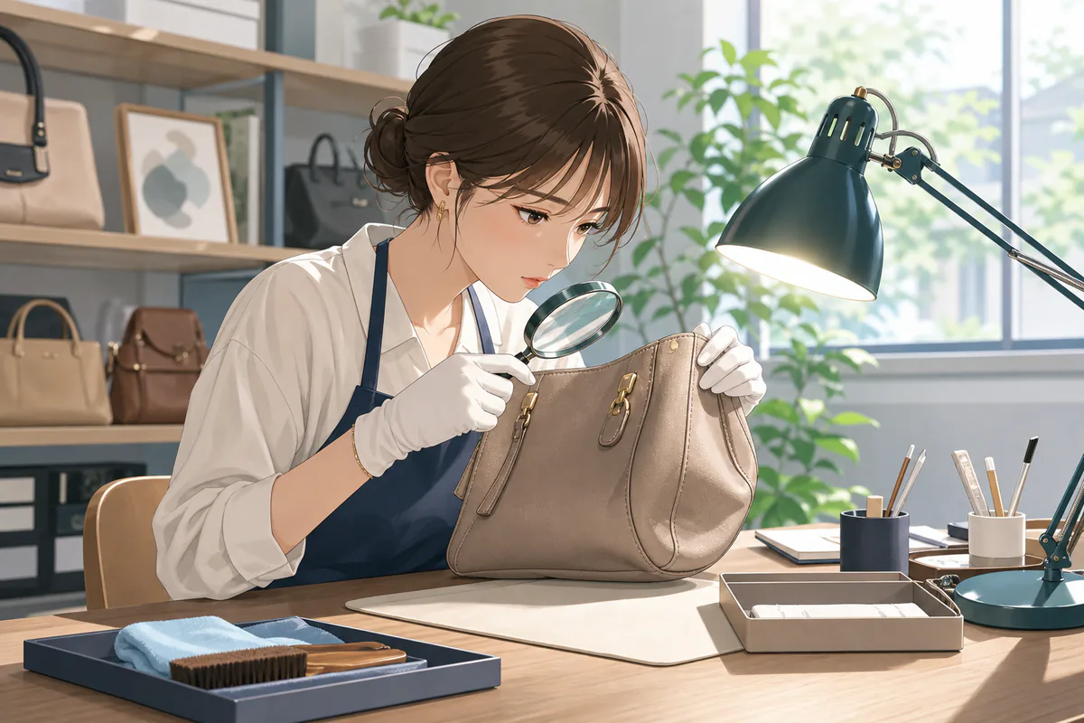 イラスト：手袋をした女性がバッグの持ち手付近を拡大して確認する様子