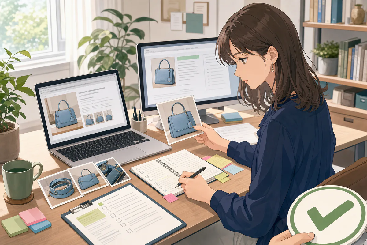 イラスト:商品写真と出品内容を照合して診断対象を絞る担当者