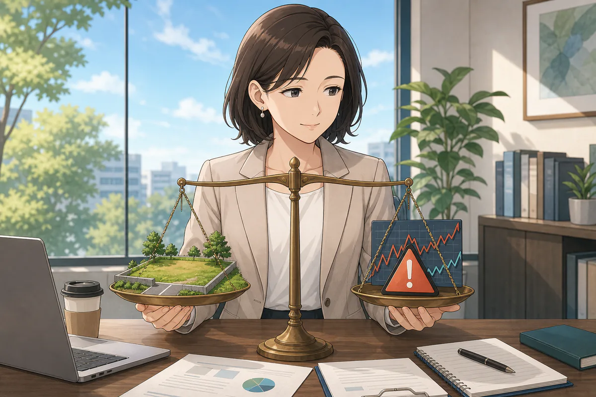 イラスト:利益を保証せず費用とリスクの釣り合いを確認する場面