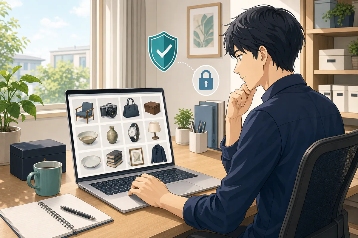 イラスト：自宅から安全にオンラインオークションへ参加する様子