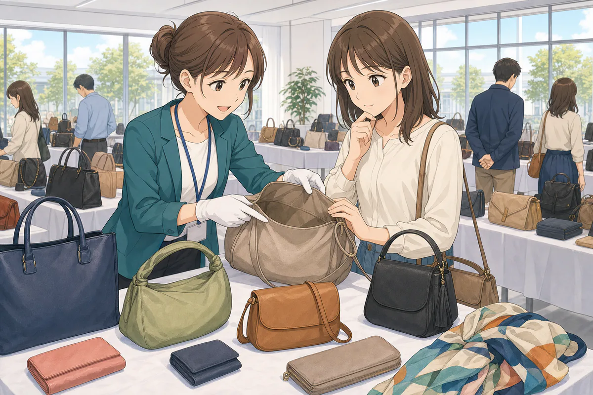 イラスト：会場のテーブルでスタッフとバッグの内側を確認する女性