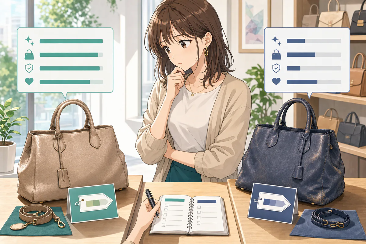 イラスト:2つの中古ブランド品の状態と費用を比較する場面