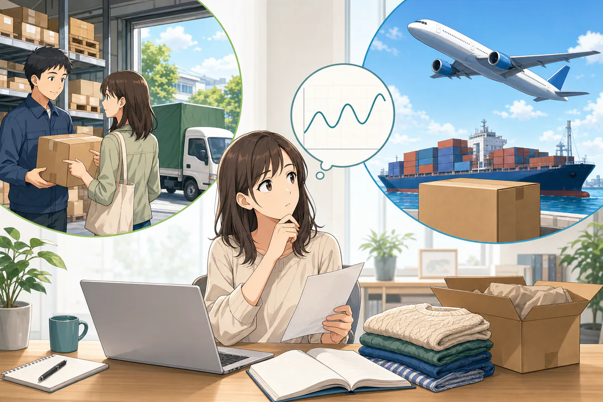 イラスト:条件の異なる販売経路の費用を比較する場面