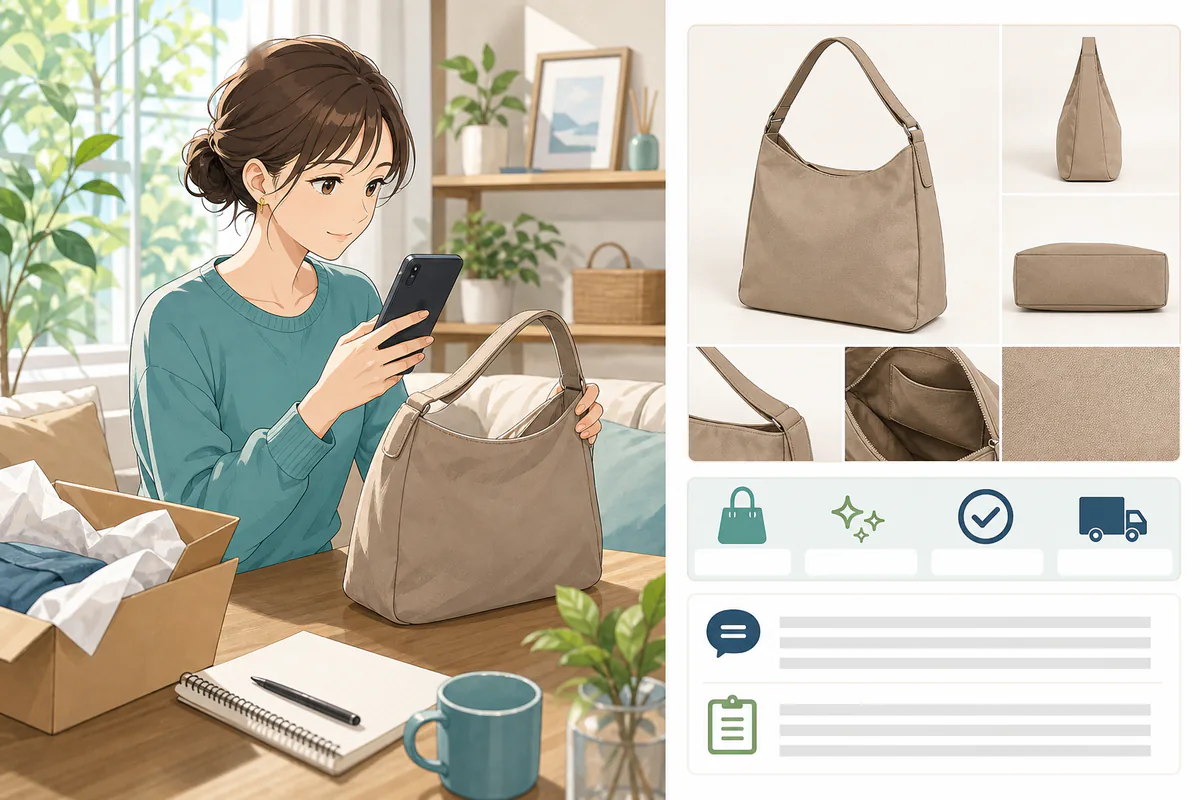 イラスト:スマートフォンで中古ブランド品を出品する場面