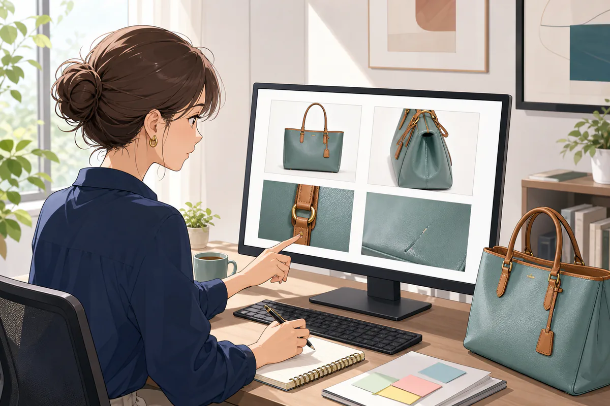 バッグの全体と傷が分かる出品写真を選ぶ場面