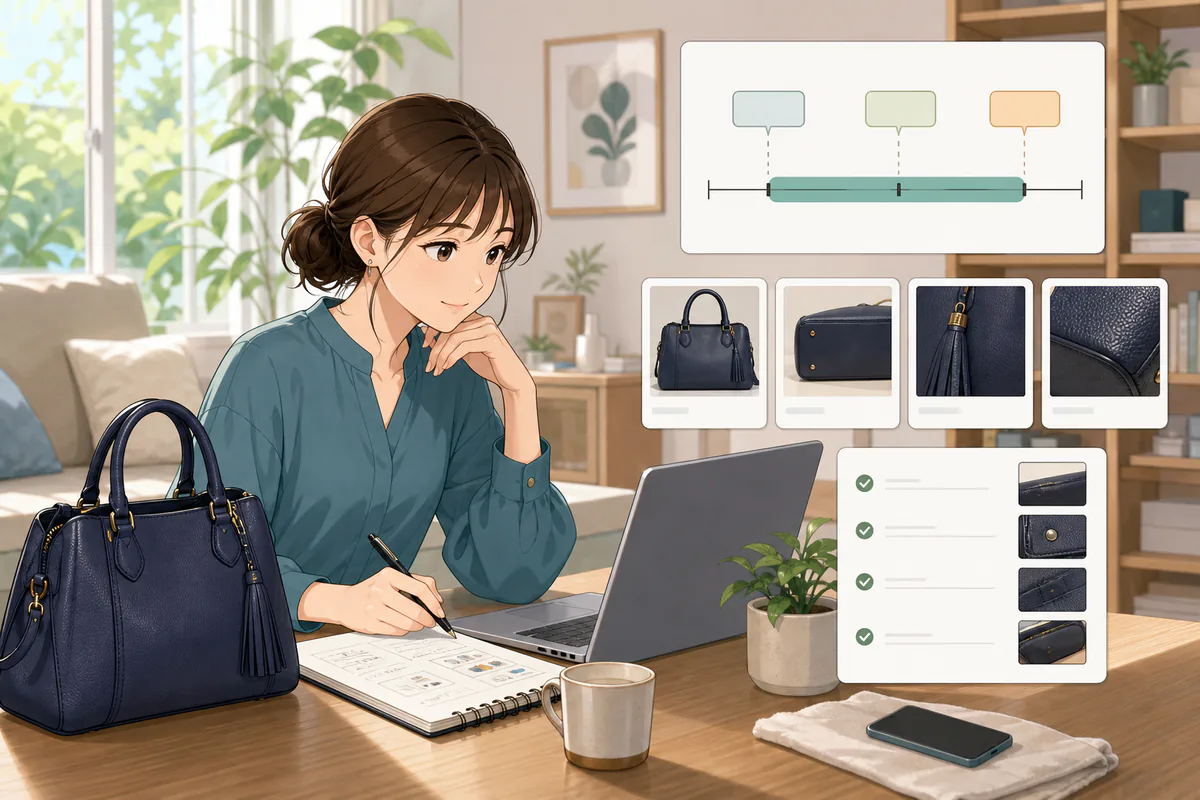 イラスト:相場の価格帯と利益計算の候補を画面で確認する場面