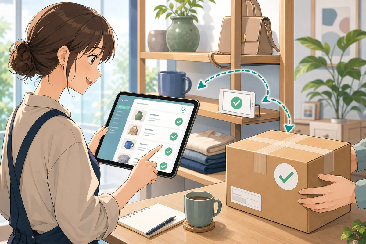 イラスト:中古ブランド品の販売通知と在庫管理が連動する場面
