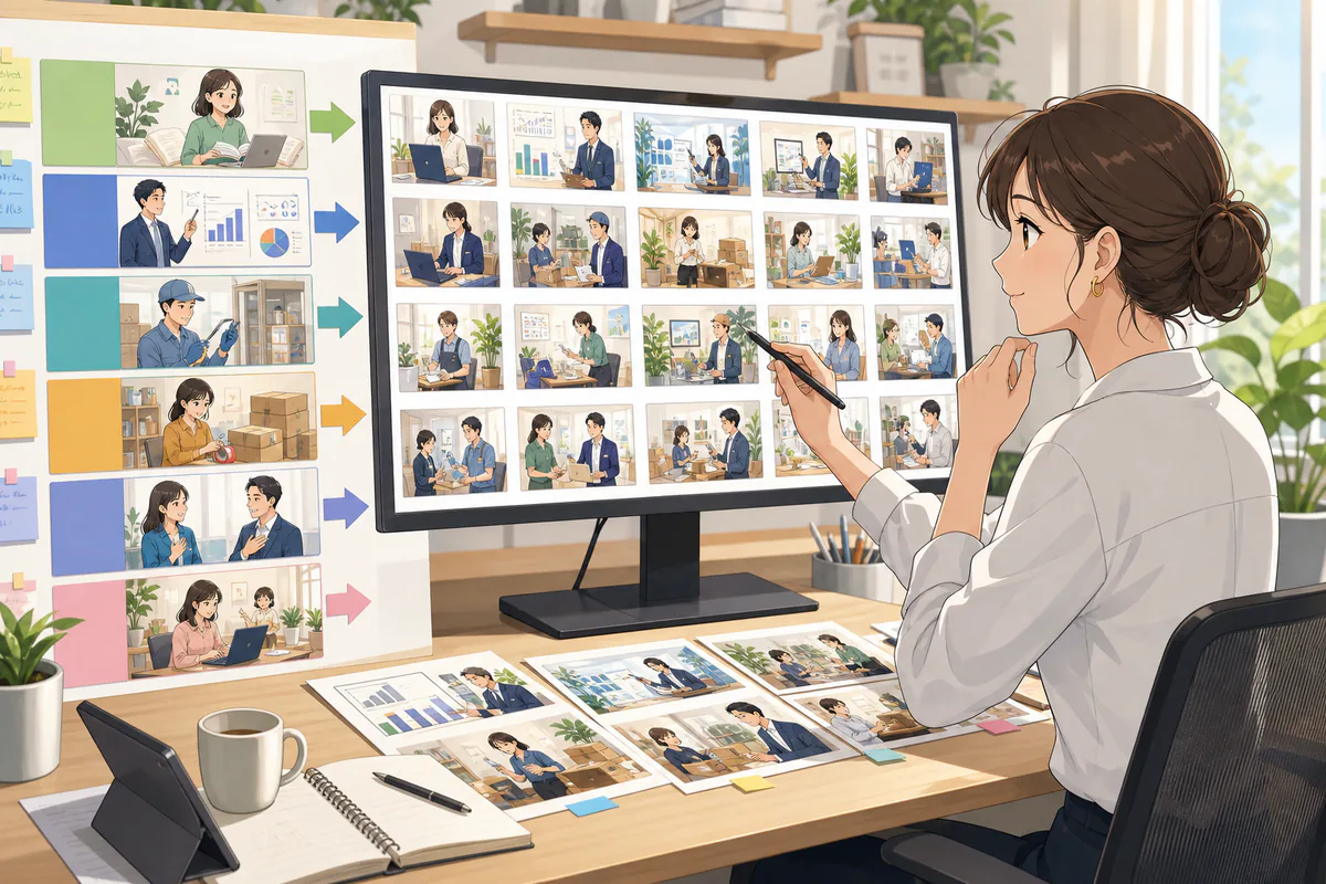 イラスト:取引後の問い合わせ内容を記録と照合する場面