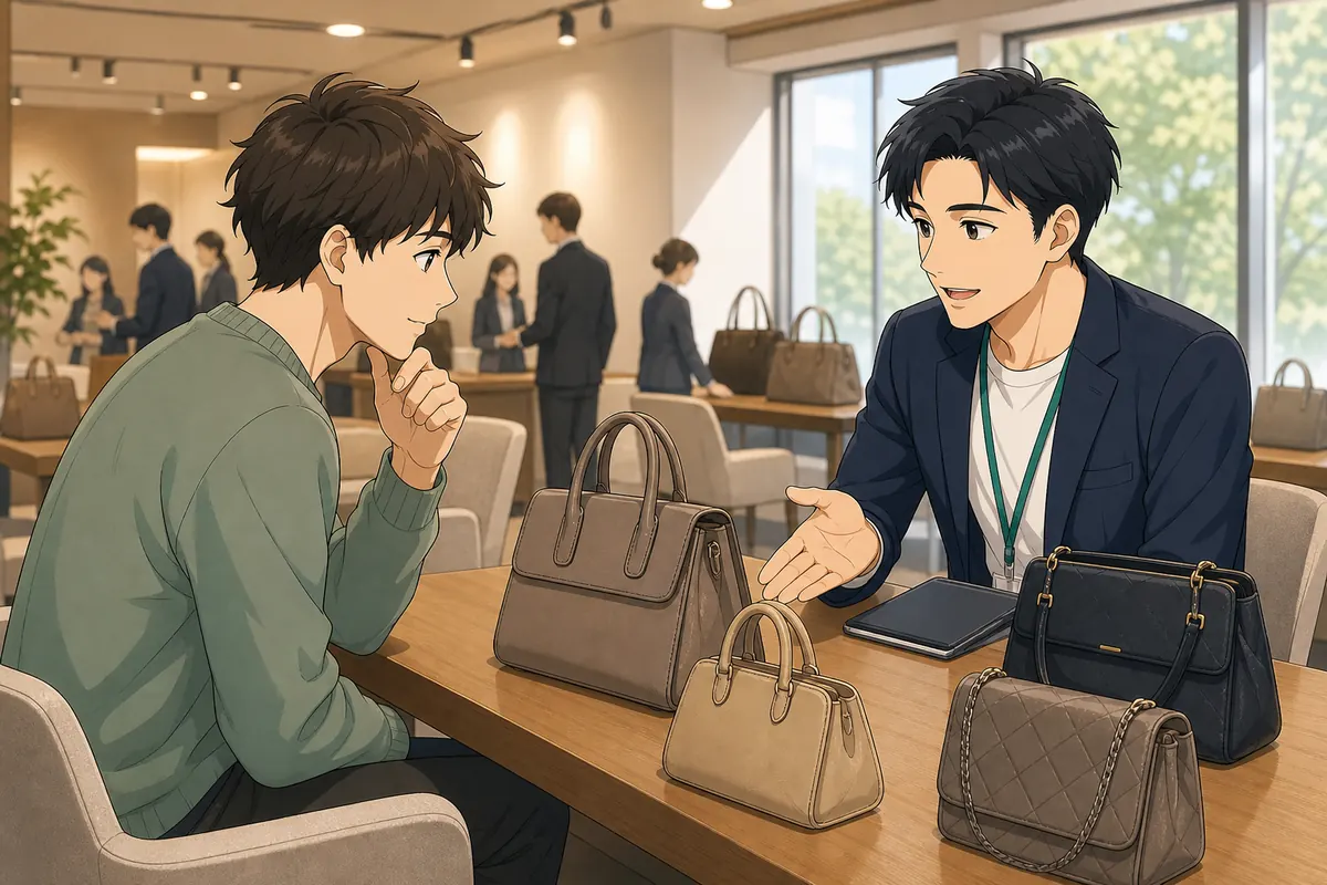イラスト:ブランド品の真正性と出品可否を確認する場面