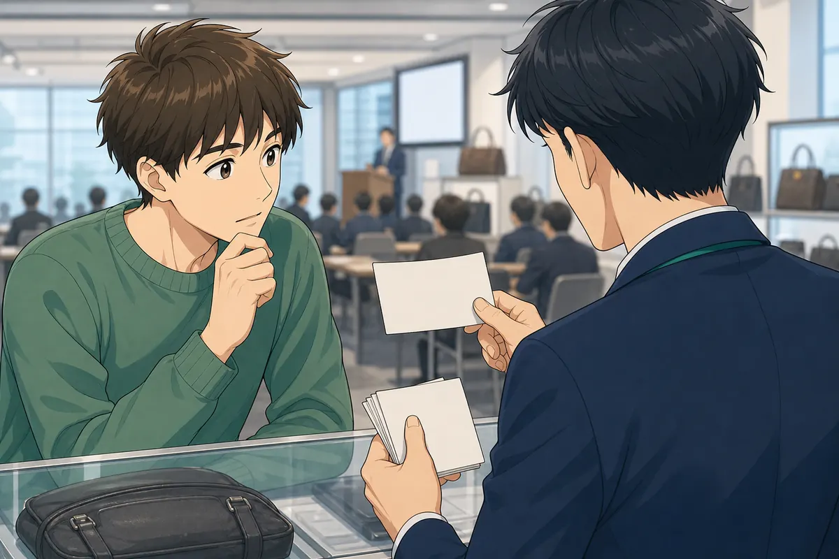 イラスト:オークション会場で入札条件をスタッフへ確認する場面