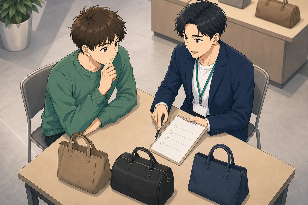 イラスト:ブランド品の出品可否と反応を確認する男性