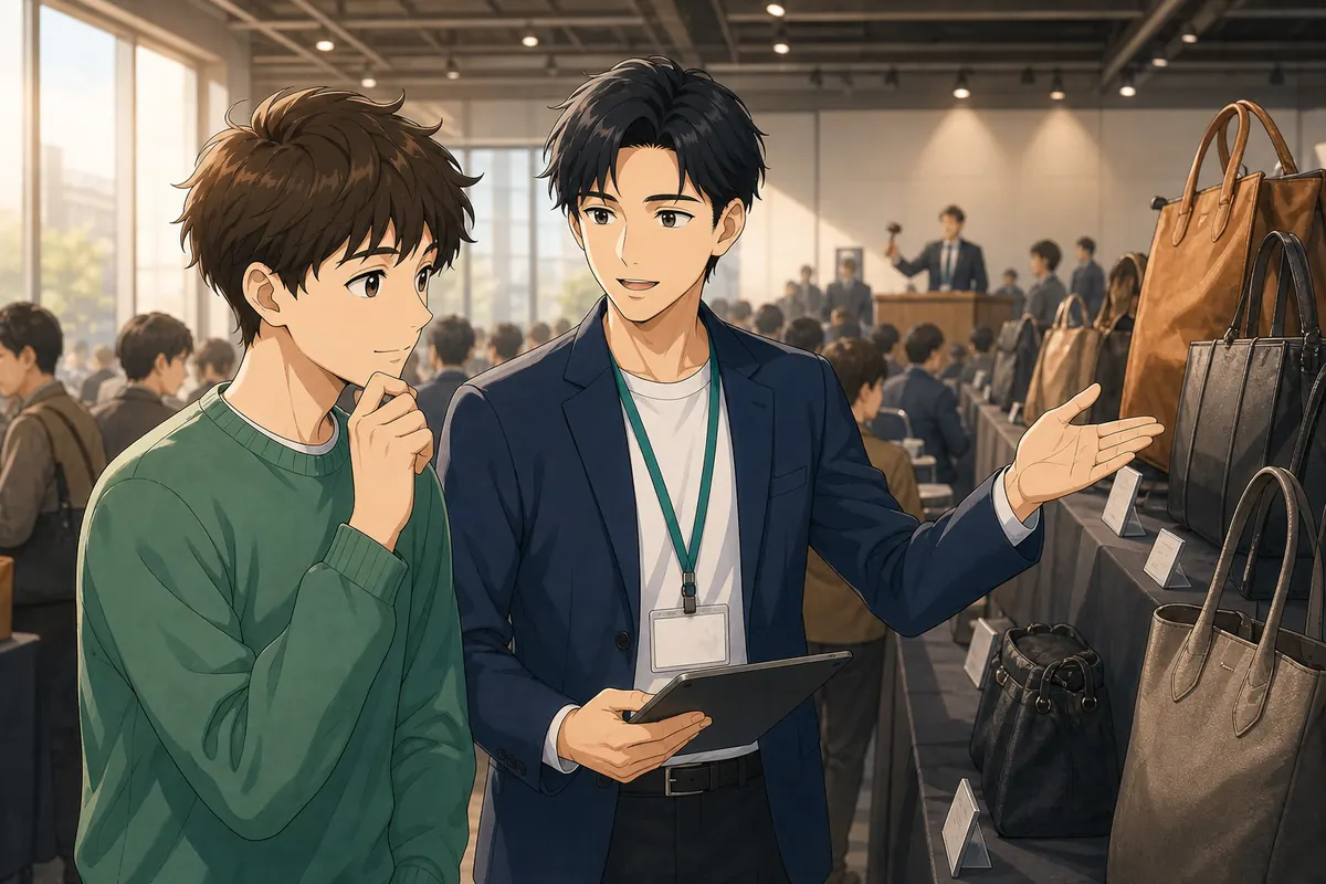 イラスト:オークション会場で仕入れ候補をスタッフと確認する場面