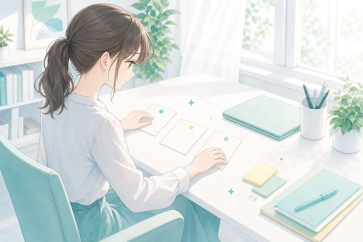 イラスト:机上でカードとノートを並べて作業を整理する女性