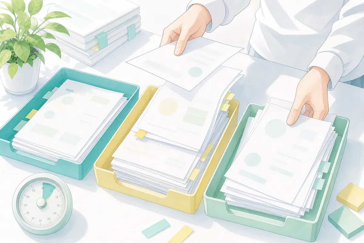 イラスト:書類を付箋付きの束とトレーに分類する手元