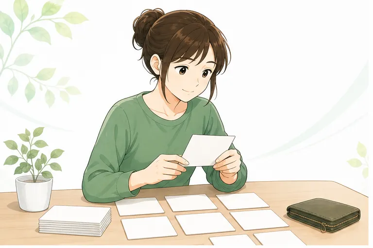 イラスト:ブランド品を梱包する手順を確認する女性