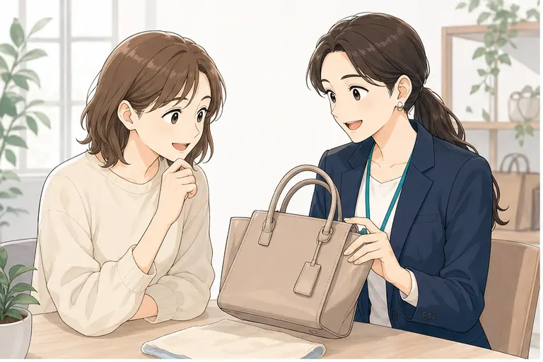 イラスト:商品情報の不明点をスタッフと確認している場面