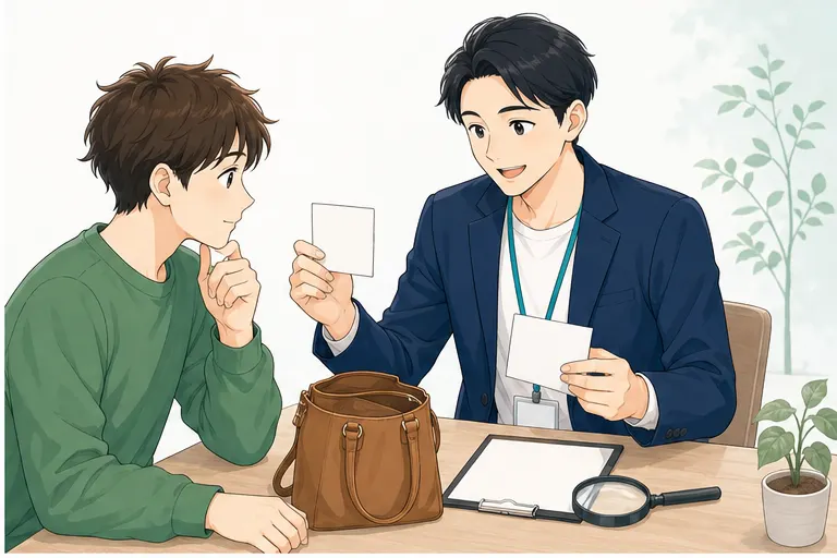 イラスト：バッグと資料を前に、男性スタッフと内容を見比べる様子